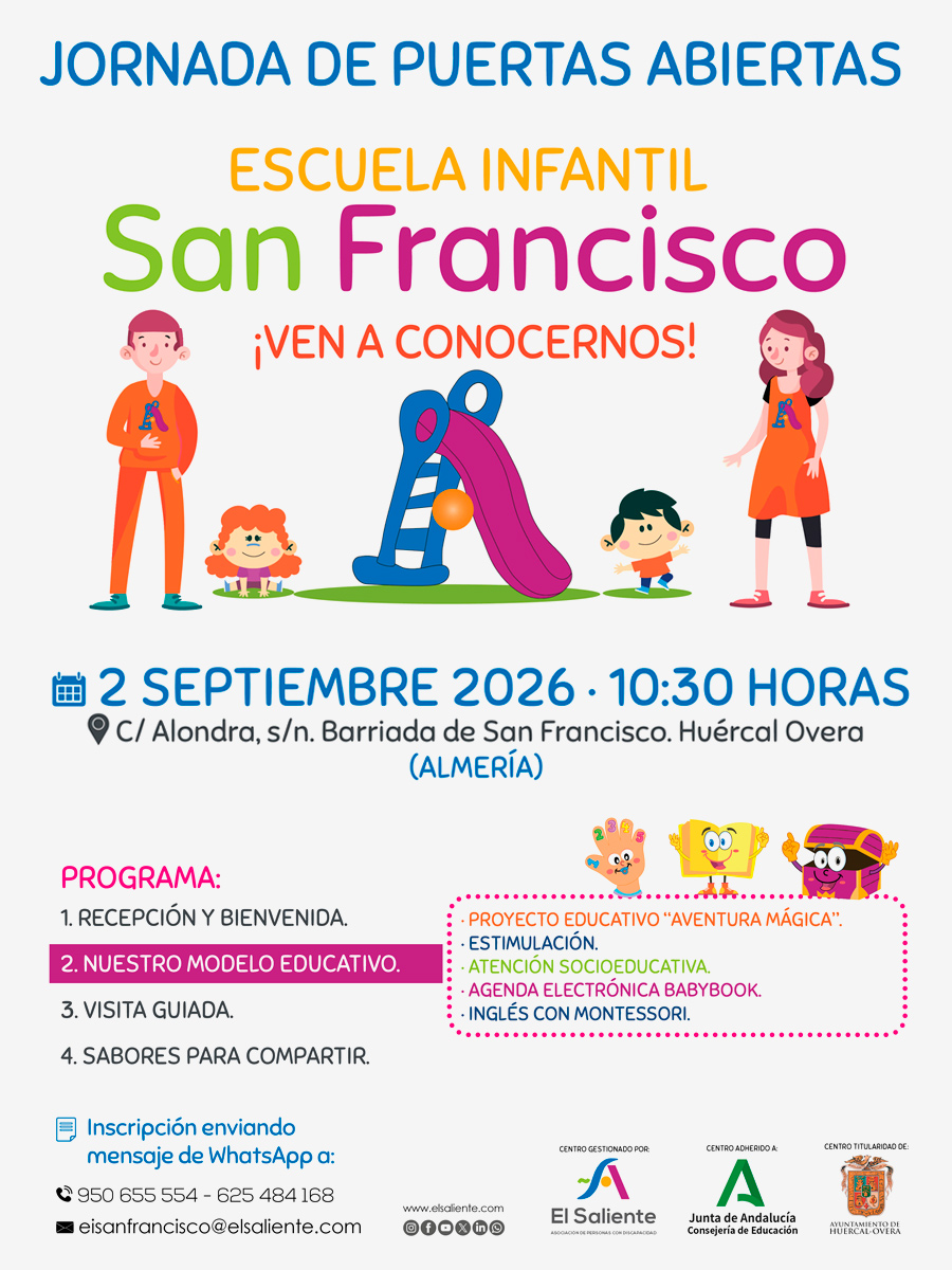 Noticia: La Escuela Infantil Municipal San Francisco invita a las familias para dar a conocer su proyecto educativo. Jornada de Puertas Abiertas: 2 de septiembre de 2026