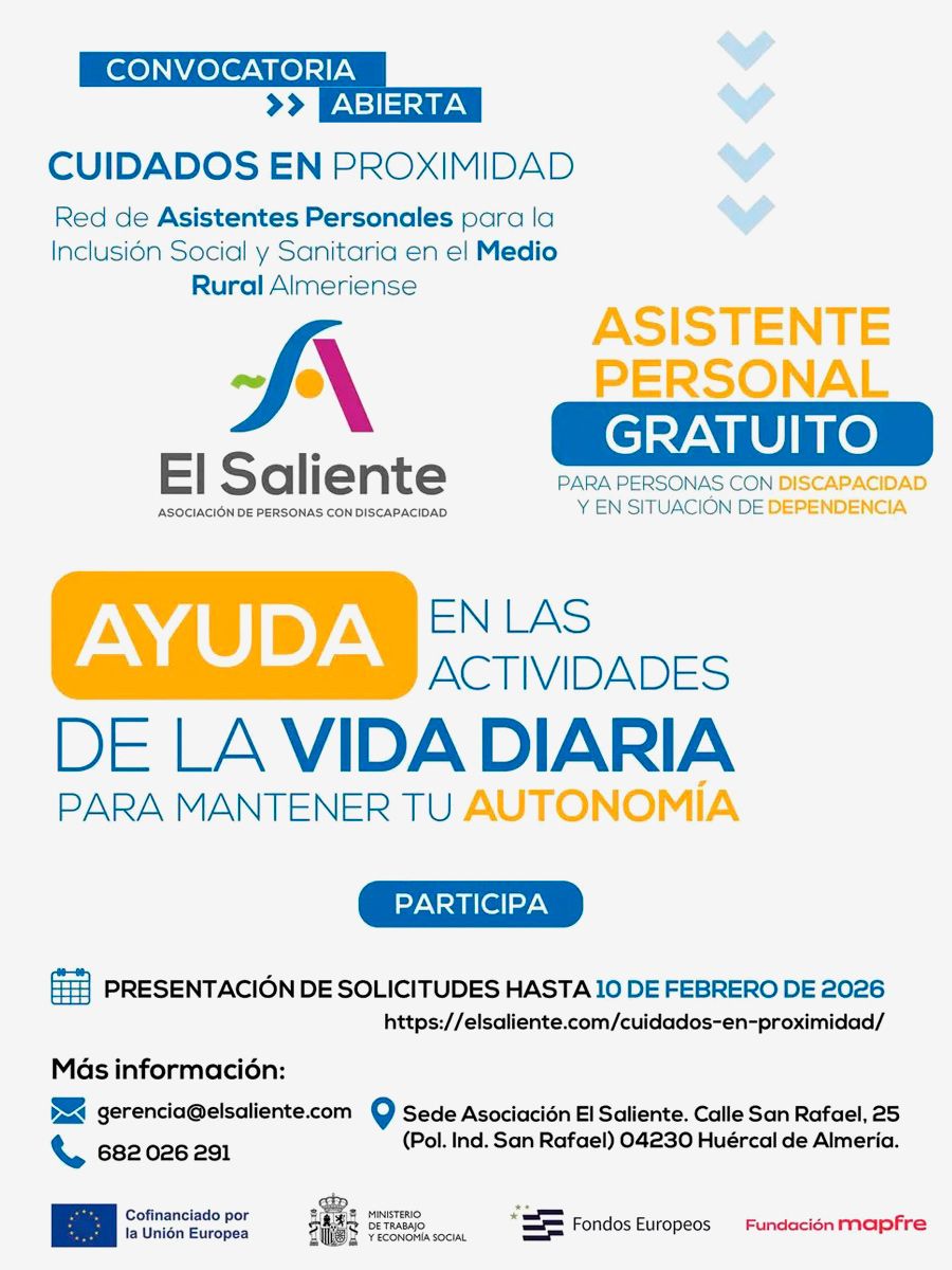Cartel del Proyecto Cuidados en Proximidad. Atención a la Dependencia y Discapacidad El Saliente