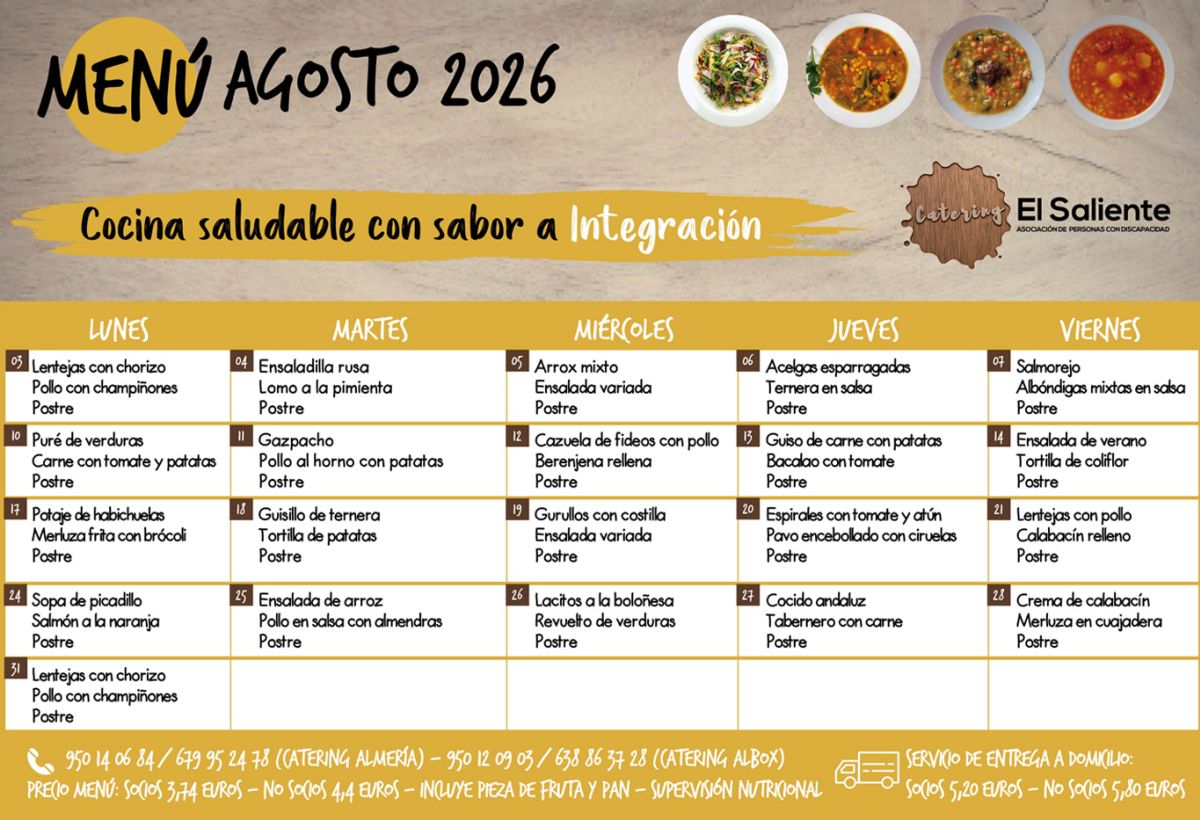 Menu Mensual Agosto 2026. Catering El Saliente
