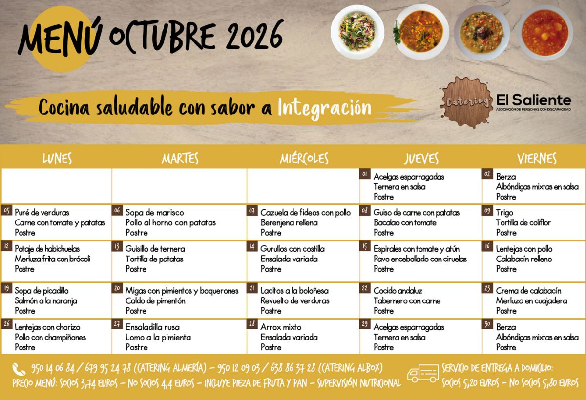 Menu Mensual Octubre 2026. Catering El Saliente