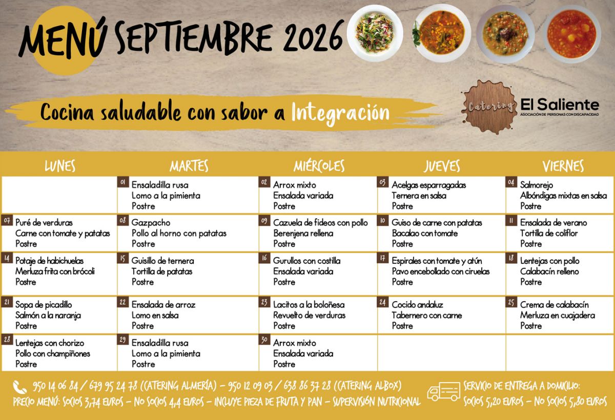 Menu Mensual Agosto 2026. Catering El Saliente