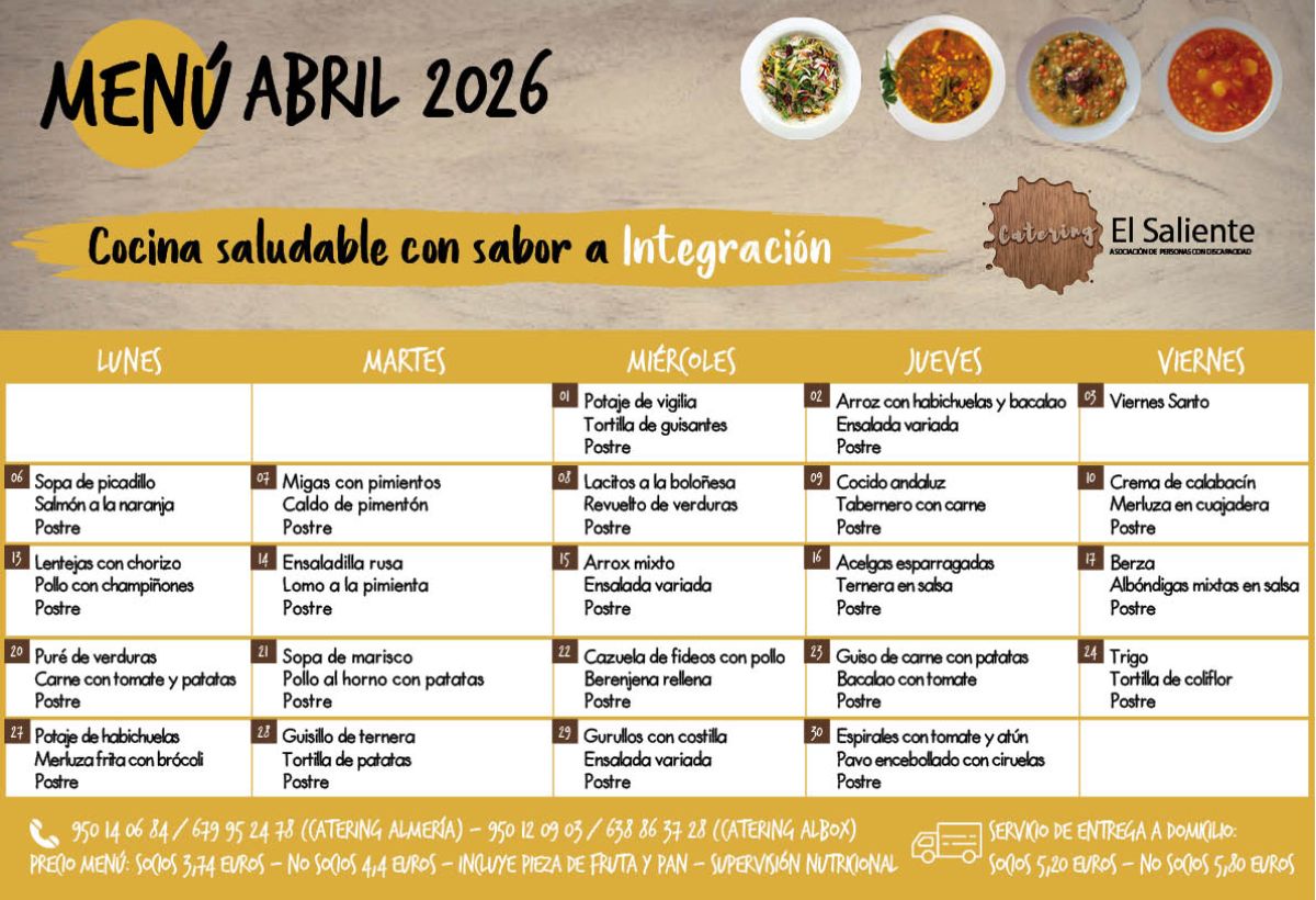 Menu Mensual Abril 2026. Catering El Saliente