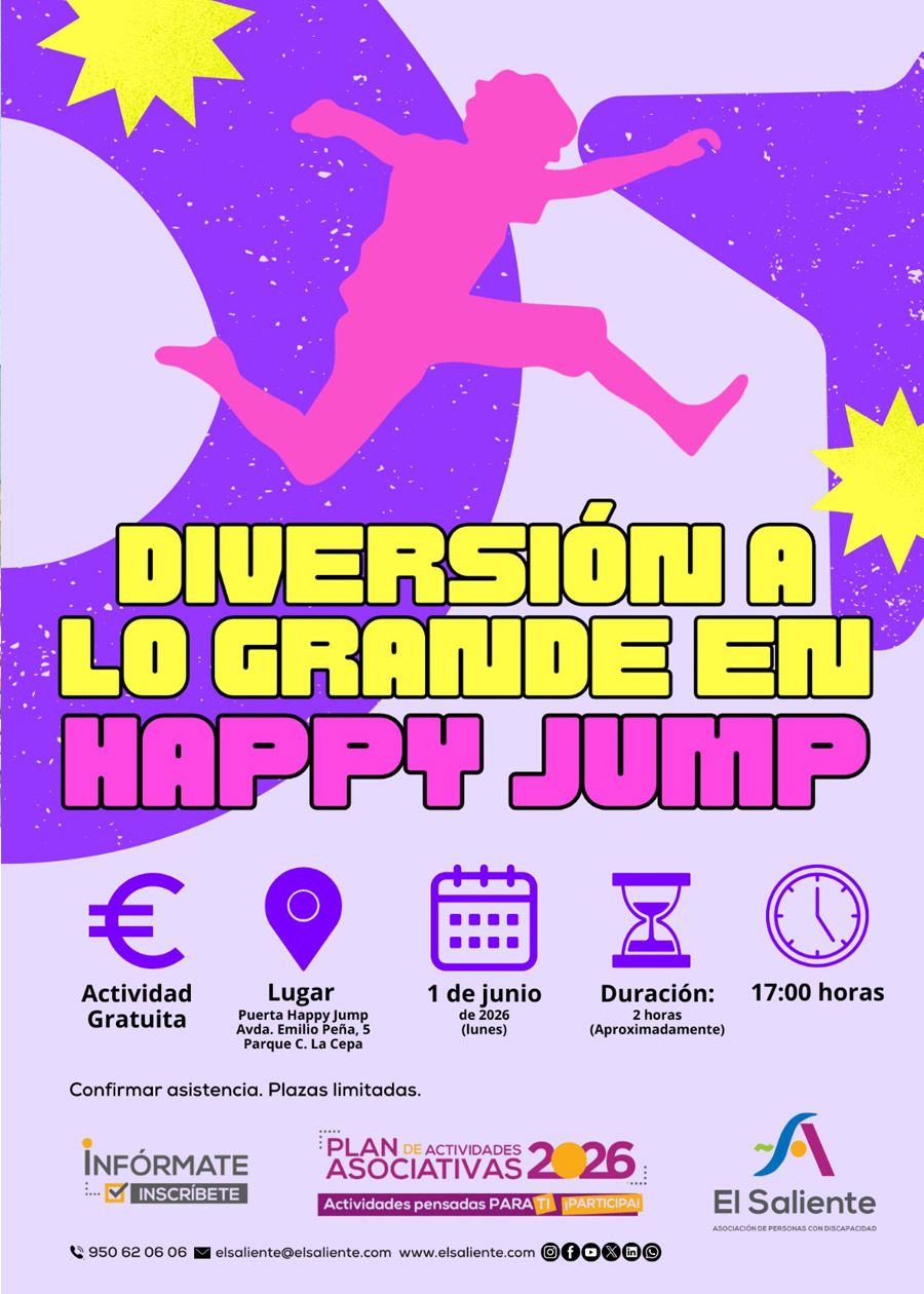 El Saliente actividades: Diversión en Happy Jump: actividad lúdica en parque de camas elásticas orientada a estimular el movimiento, la coordinación y la socialización a través del juego activo. 1 de junio de 2026.