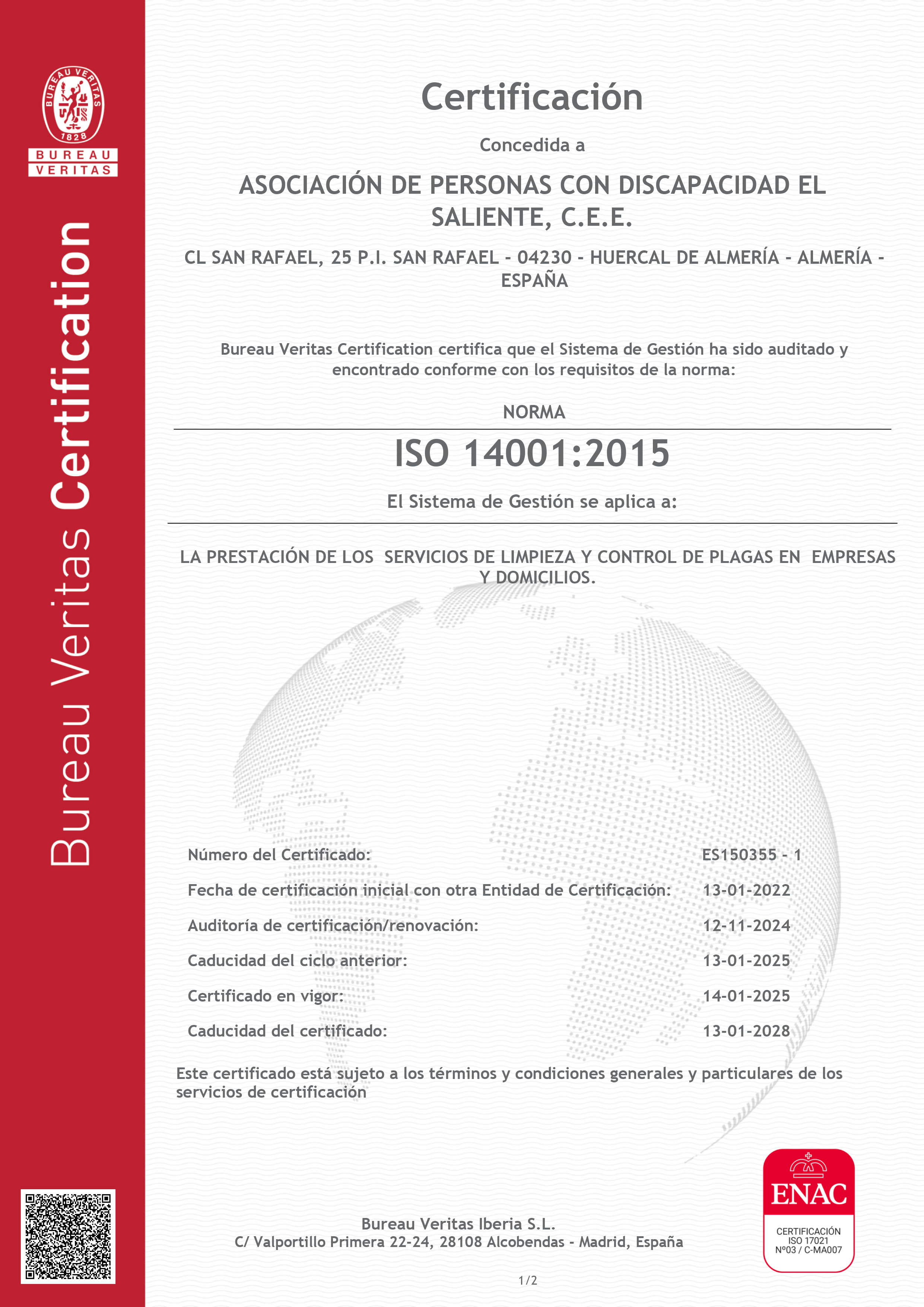Certificado de Calidad Aenor ISO 9001:2015 El Saliente
