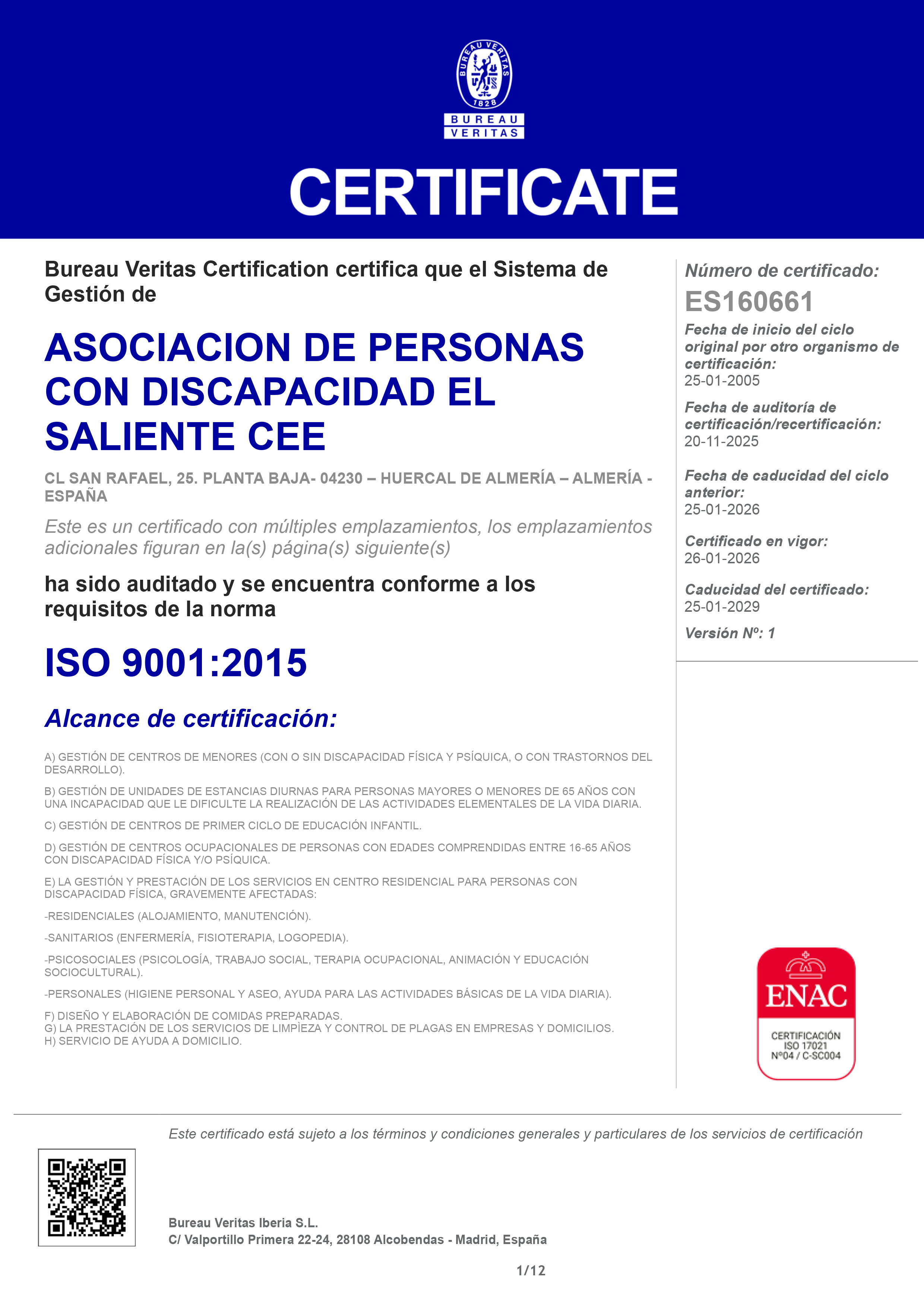 Certificado de Calidad Aenor ISO 9001:2015 El Saliente